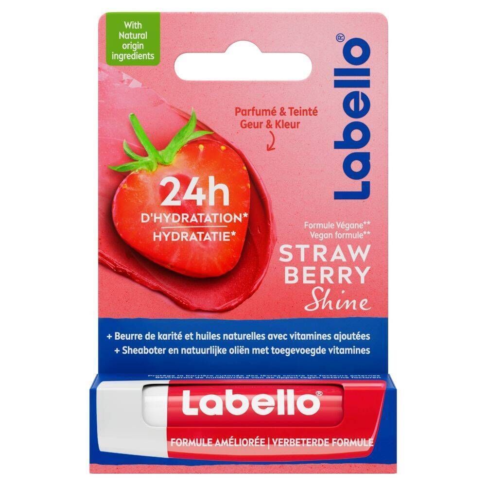Labello® Strawberry Shine in verpakking. Rode verpakking met aardbei en productafbeelding.