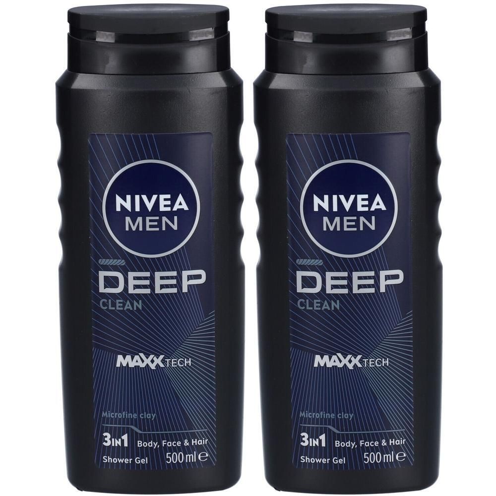 Twee zwarte flessen NIVEA MEN DEEP CLEAN douchegel. Blauwe etiketten met productinfo en logo. 3-in-1 voor lichaam, gezicht en haar.