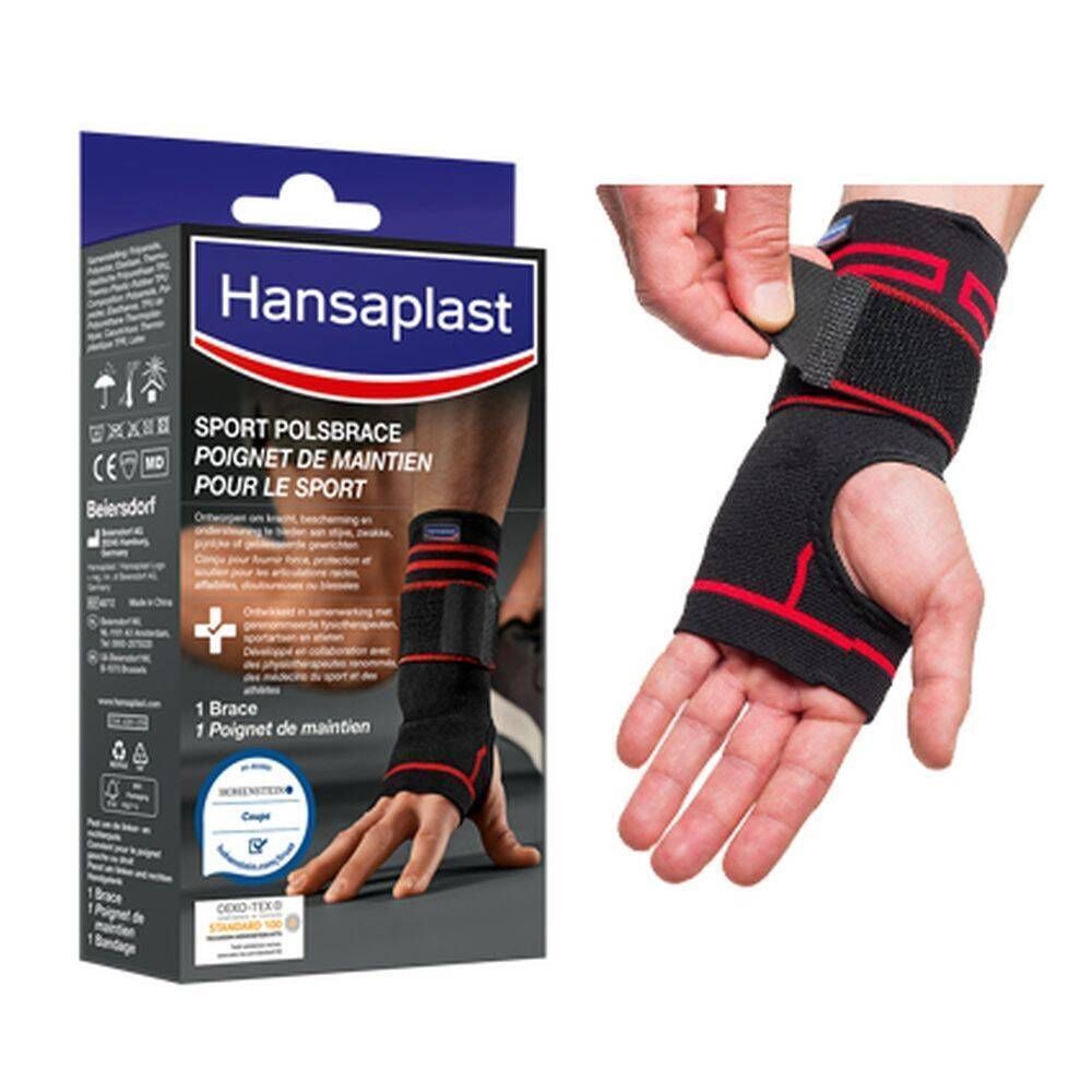 Hansaplast Sport poignet de maintien et emballage. Bandage noir avec accents rouges. Main avec fermeture velcro. Texte: Sport Polsbrace.