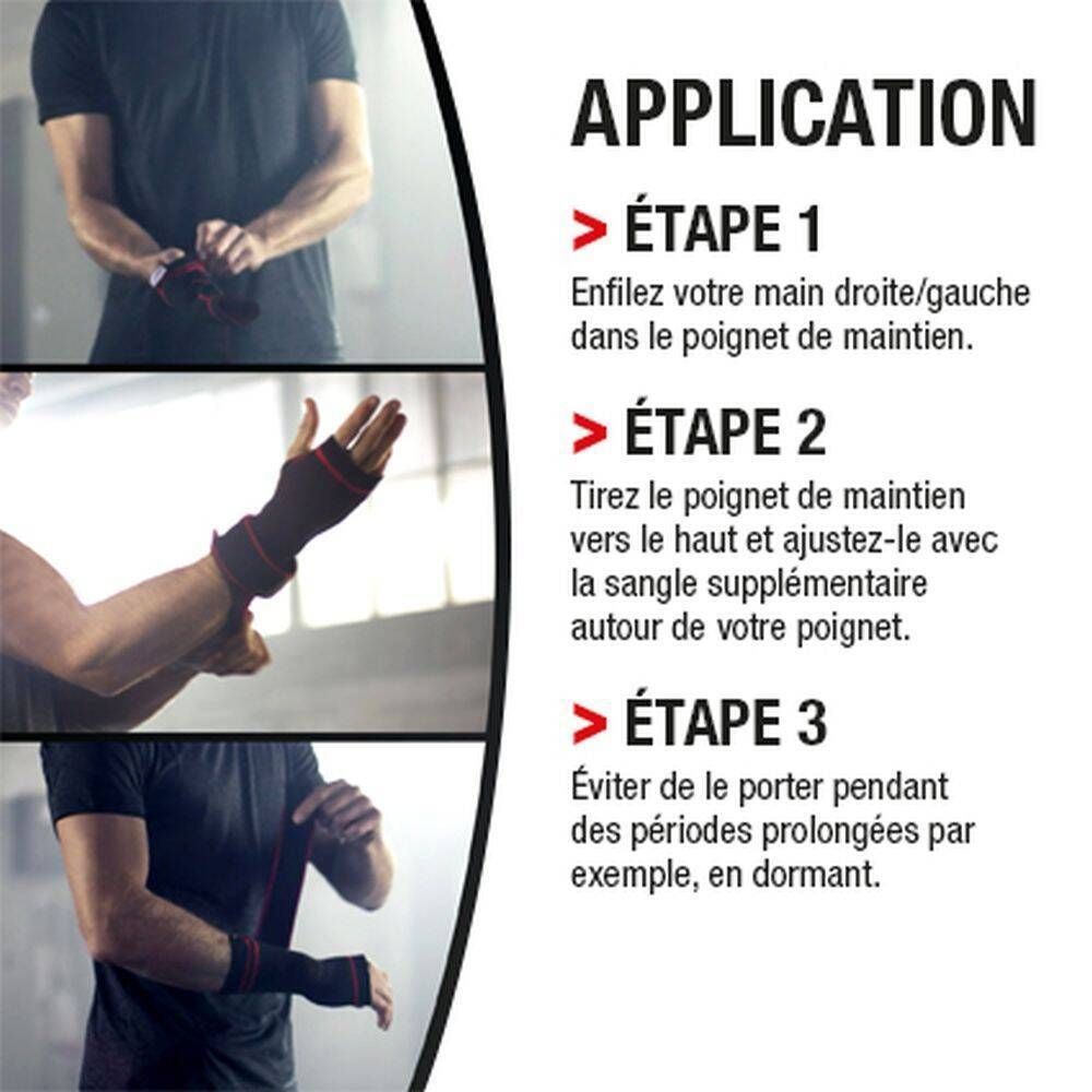 Instructions d'application du poignet de maintien. Étapes 1-3. Personne portant le bandage. Texte: Étape 1, 2, 3. Poignet de maintien.