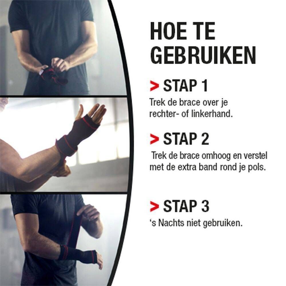 Gebruiksaanwijzing voor de polsbrace. Stappen 1-3. Persoon draagt de bandage. Tekst: Stap 1, 2, 3. Hoe te gebruiken.