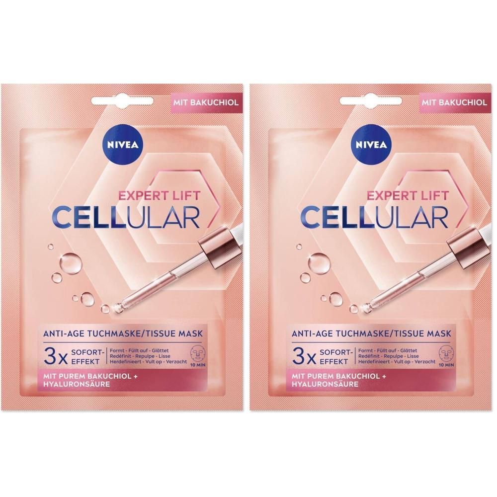 Deux paquets de Nivea Cellular Expert Lift Masque Tissu. Emballage rose avec image et texte du produit. Contient du bakuchiol et de l'acide hyaluronique.