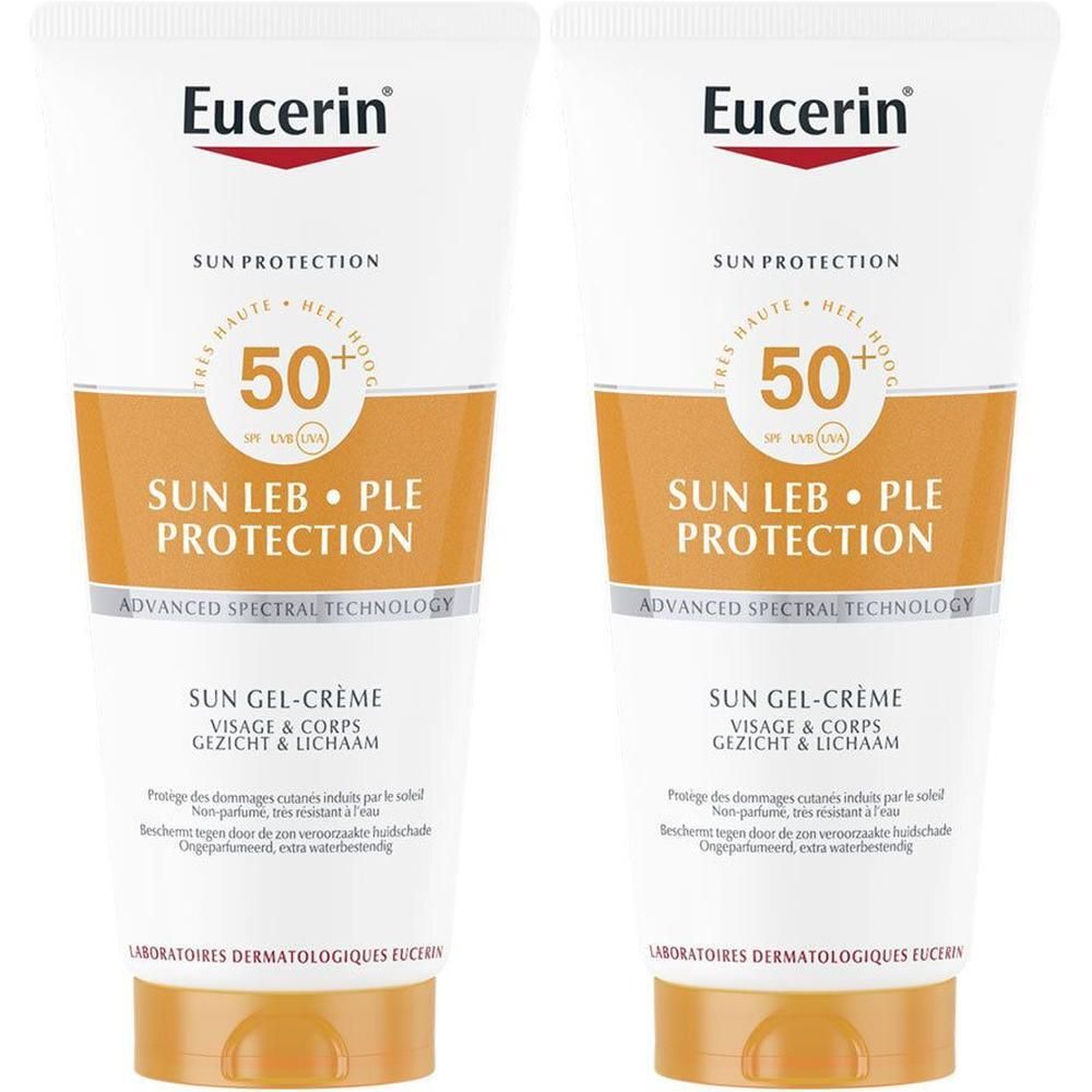 Twee tubes Eucerin Sun PLE Protect SPF 50+ Gel-Crème Visage & Corps. Witte tube met oranje accenten.