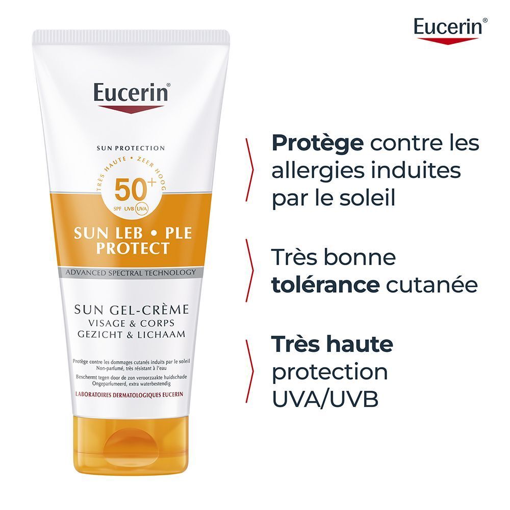 Eucerin Sun PLE Protect SPF 50+ Gel-Crème Visage & Corps. Texte : Protège des allergies solaires, très bonne tolérance cutanée, haute protection UVA/UVB.