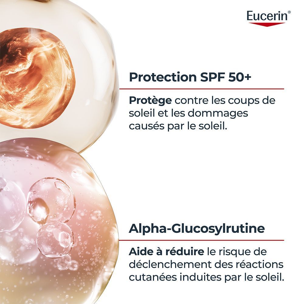 Eucerin Sun PLE Protect SPF 50+ Gel-Crème Visage & Corps. Texte : SPF 50+, protège des coups de soleil, Alpha-Glucosylrutine.