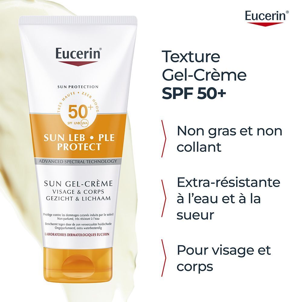 Eucerin Sun PLE Protect SPF 50+ Gel-Crème Visage & Corps. Texte : Non gras, résistant à l'eau, pour le visage et le corps.