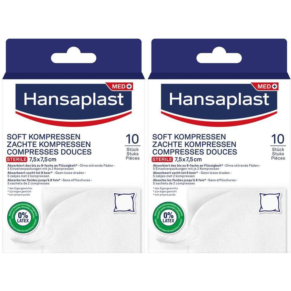 Twee verpakkingen Hansaplast Soft Compressen. Elke verpakking bevat 10 steriele compressen. Afmeting: 7,5 x 7,5 cm. 0% latex.