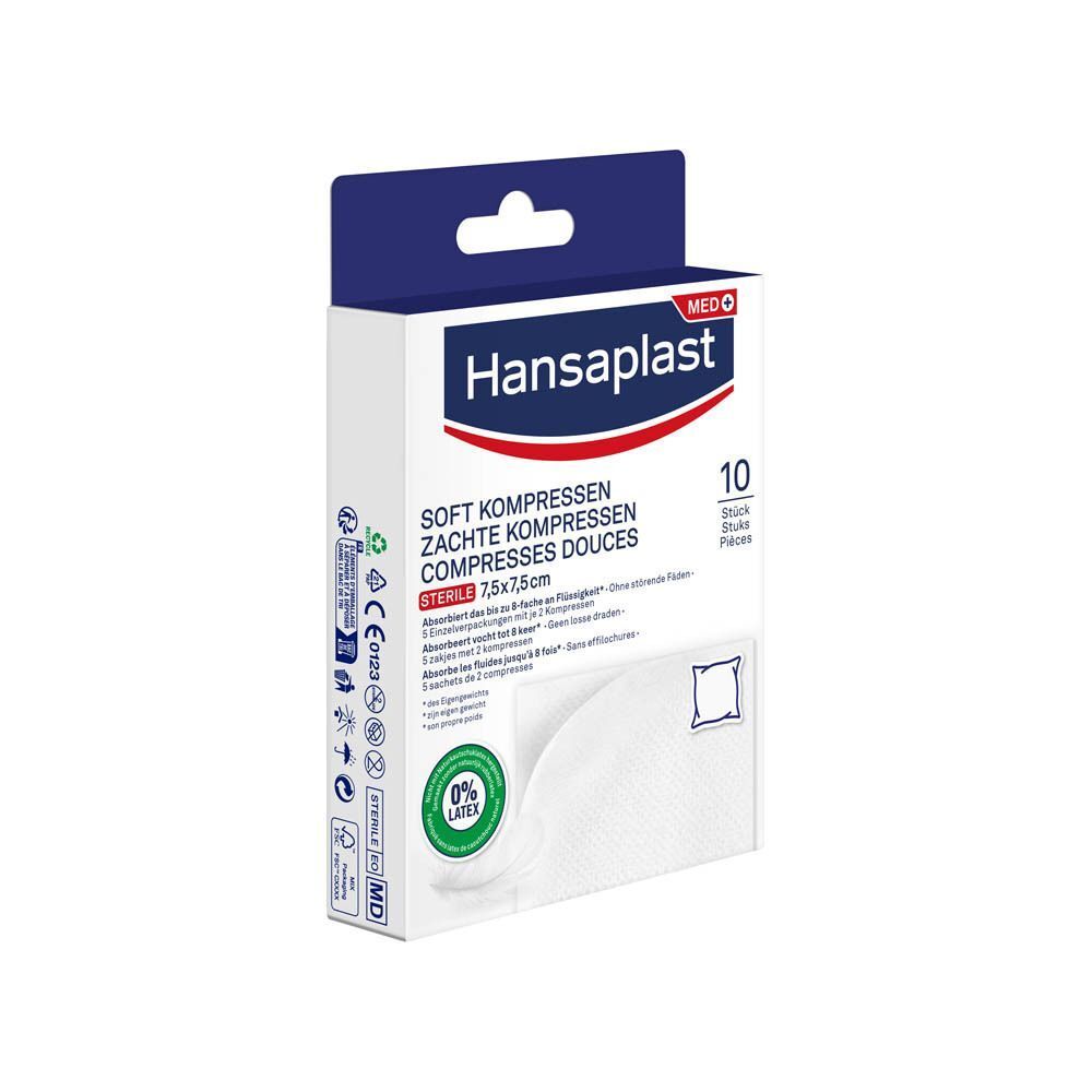Verpakking Hansaplast Soft Compressen. 10 steriele compressen. Afmeting: 7,5 x 7,5 cm. 0% latex. Verpakking met ophanggat.
