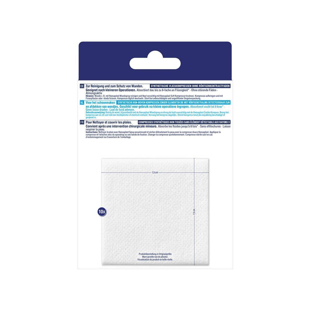 Dos d'une compresse. Carrée, blanche, avec mesures. Texte : 7,5 cm. 10x. Informations sur le produit.