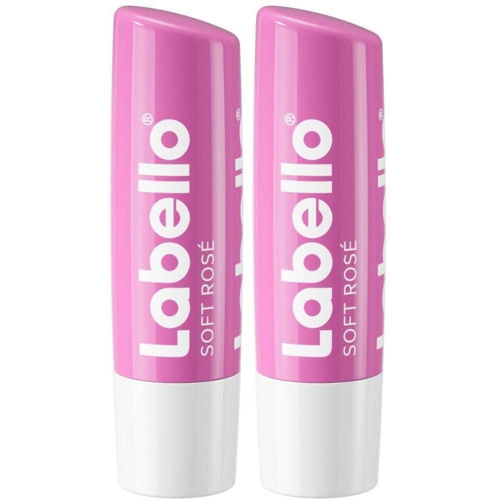 Twee Labello® Soft Rosé lippenbalsem. Roze huls met witte bodem. Opschrift: Labello, Soft Rosé.