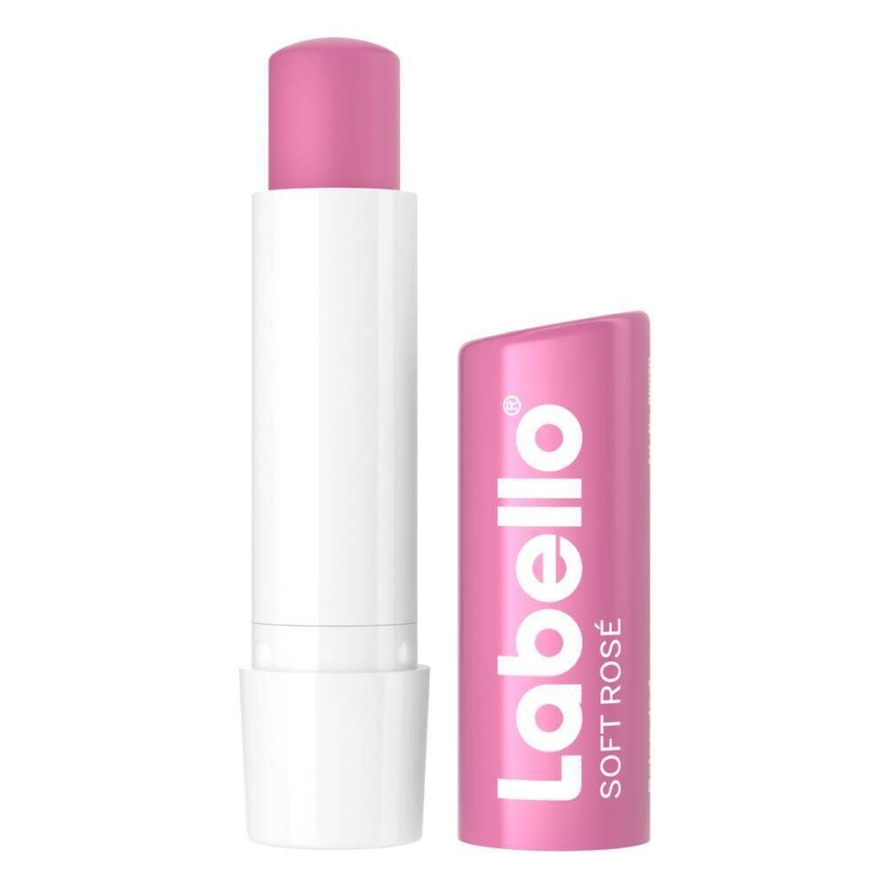 Stick Labello® Soft Rosé ouvert. Rouge à lèvres rose, bâton blanc. Capuchon rose à côté.