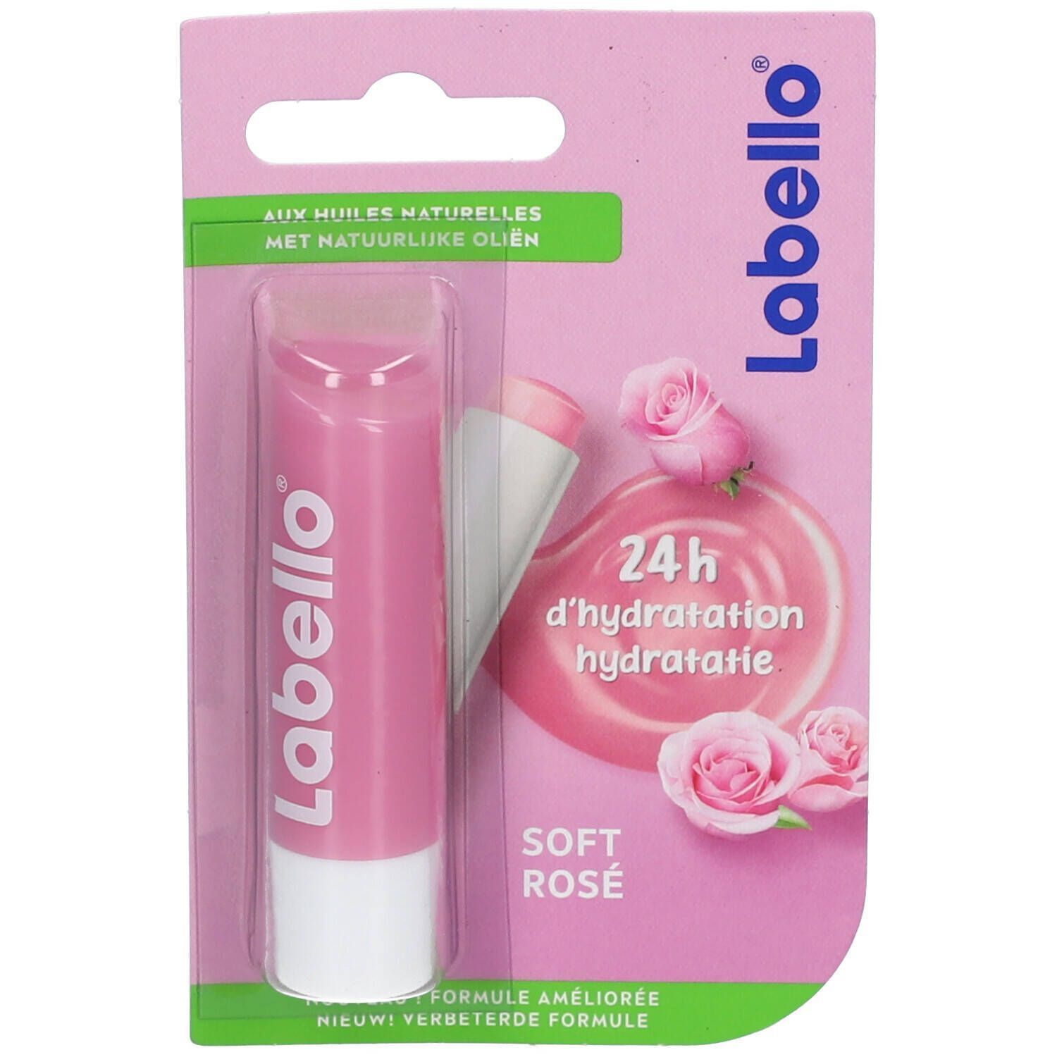 Stick Labello® Soft Rosé en emballage blister. Bâton rose, base blanche. Inscription: Labello, Soft Rosé.