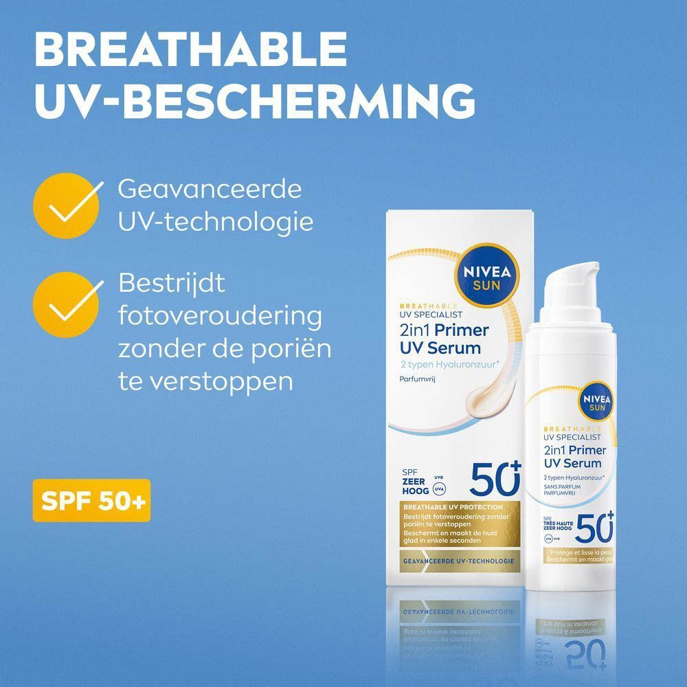 NIVEA Sun 2 in 1 Primer UV Serum SPF50+ en verpakking. Tekst: 'BREATHABLE UV-BESCHERMING' en productkenmerken. SPF50+.