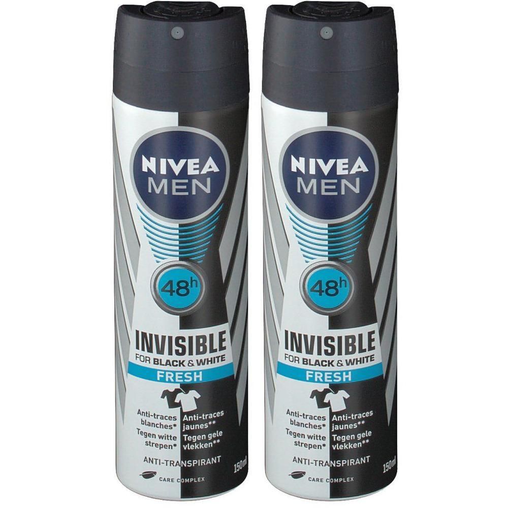 Twee deodorant sprays. Opschrift: NIVEA MEN, INVISIBLE, voor Zwart & Wit, FRESH. 48u bescherming. Anti-vlekken.