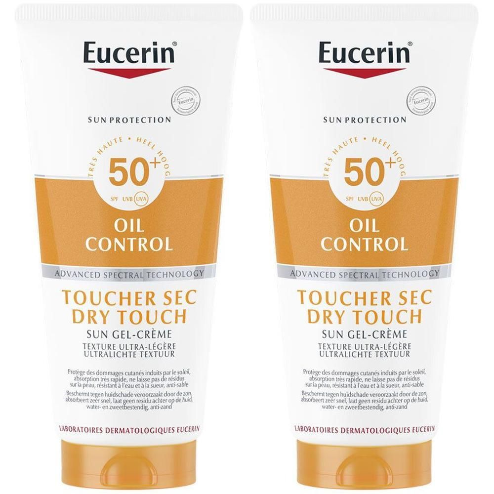Twee tubes Eucerin Sun Oil Control SPF 50+ Dry Touch Gel-Crème. Witte tube met oranje dop. Tekst in het Nederlands.