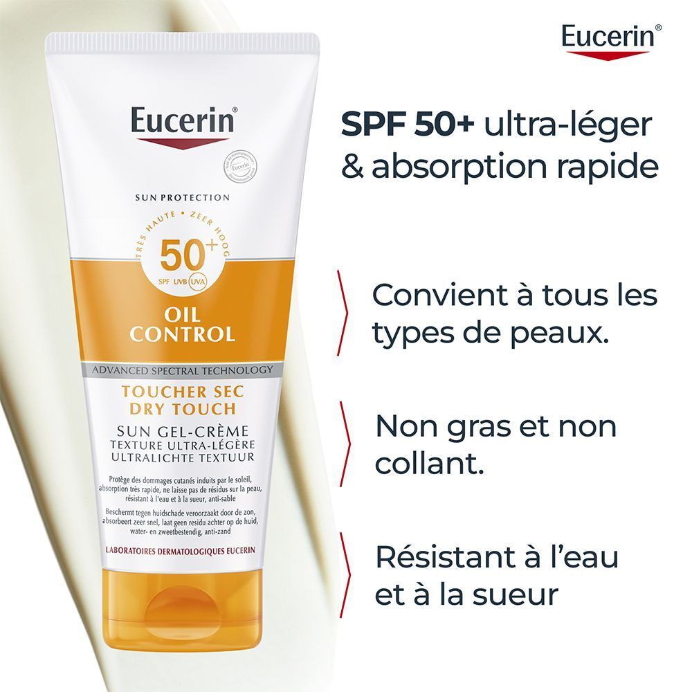Tube Eucerin Sun Oil Control SPF 50+ Dry Touch Gel-Crème. Texte: SPF 50+ ultra-léger & absorption rapide. Convient à tous les types de peaux.