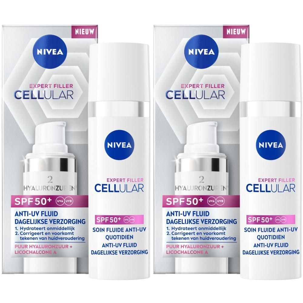 Twee flacons NIVEA Expert Filler Cellular Anti-UV SPF50+ met verpakking. Witte flacon met blauw logo en tekst.