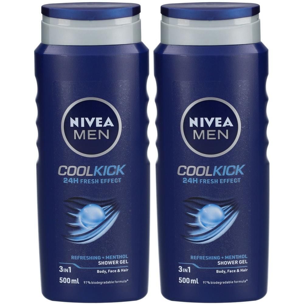 Twee blauwe douchegelflessen. Opschrift: NIVEA MEN COOL KICK, 3in1, 500ml. Met menthol. 24u fris effect.