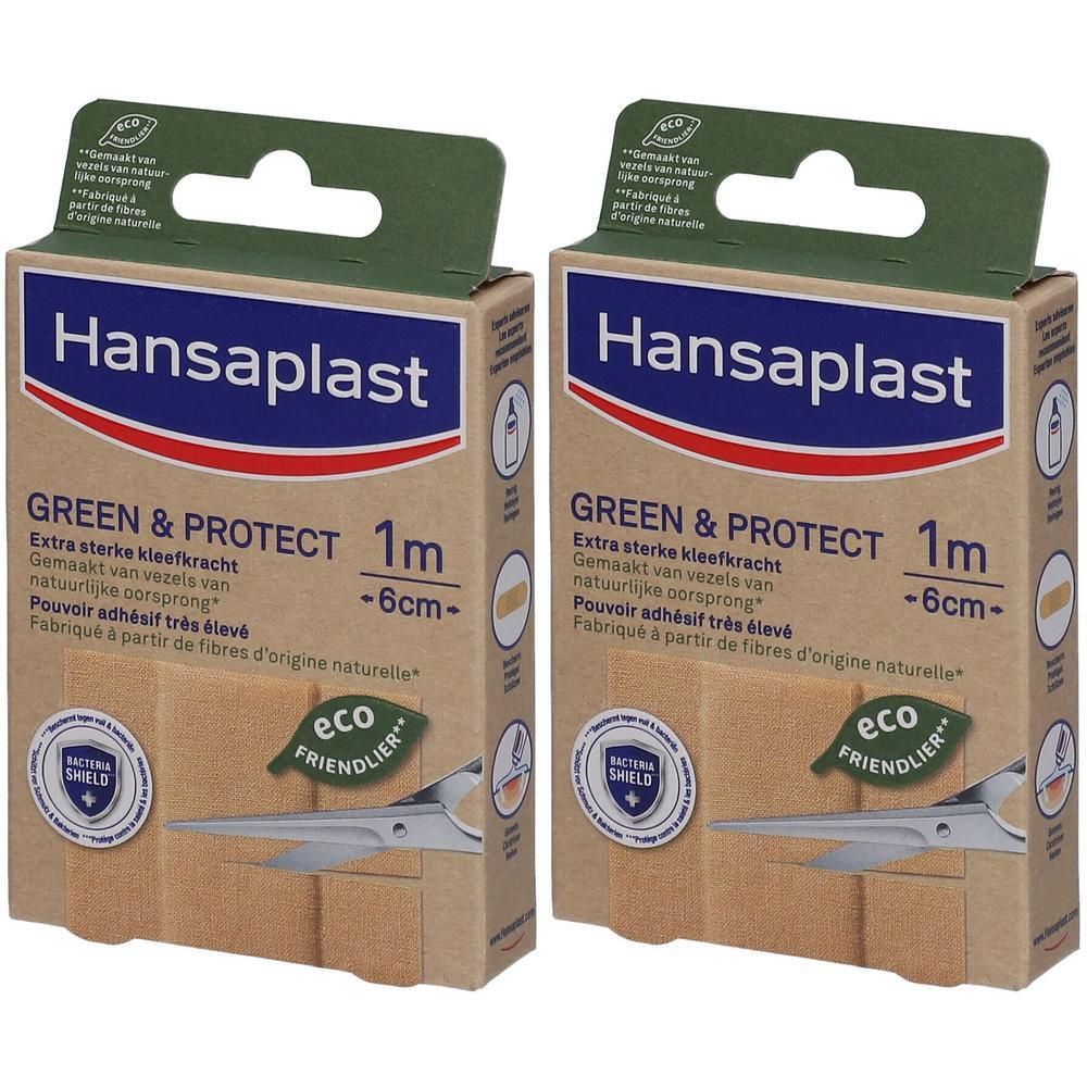 Twee verpakkingen Hansaplast Green & Protect. Opschrift: 1 m x 6 cm. Eco-vriendelijk label. Beige verband zichtbaar.