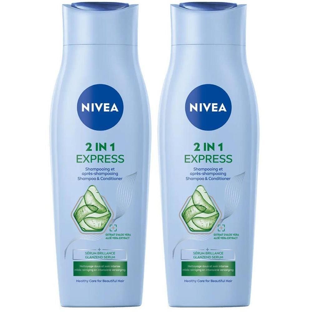 Twee flessen Nivea 2-in-1 Express shampoo. Lichtblauwe flessen met blauwe dop en logo. Productnaam en ingrediënten.