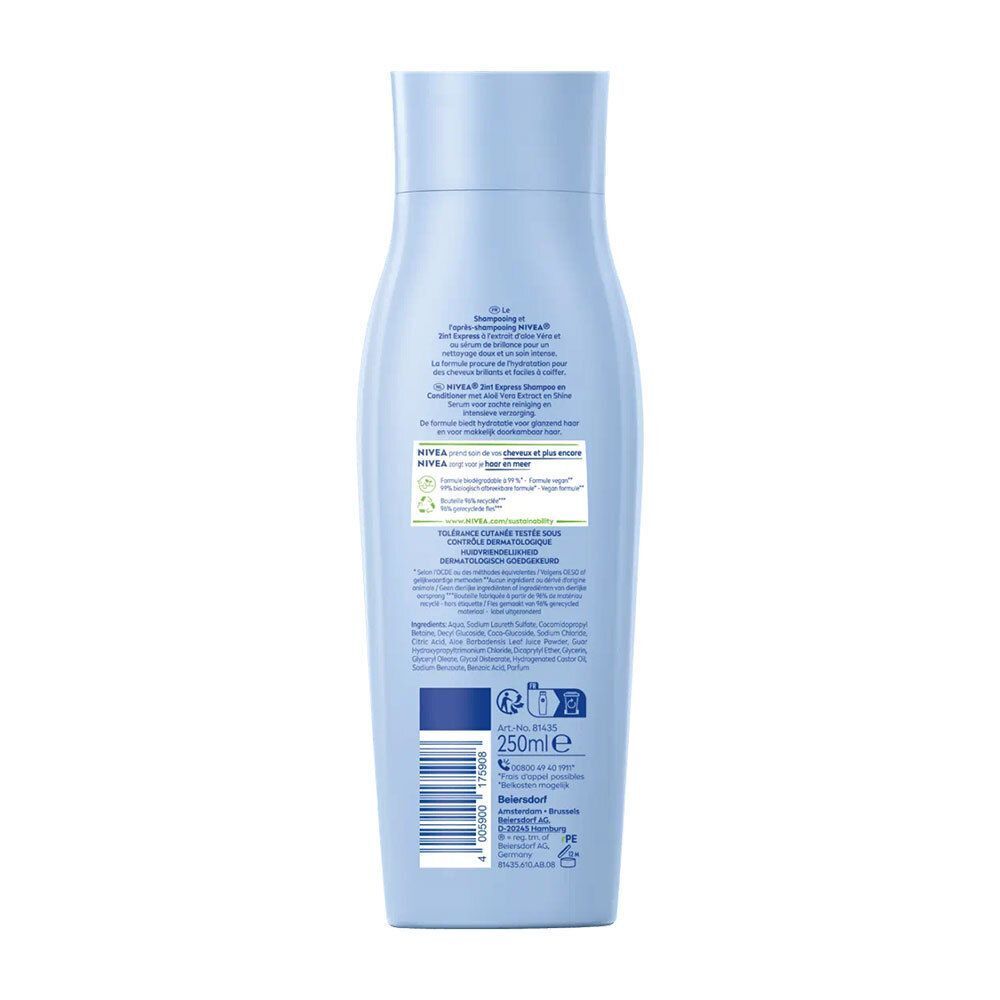 Achterkant van een lichtblauwe Nivea 2-in-1 Express shampoo fles. Tekst met productinformatie en ingrediënten. 250ml.