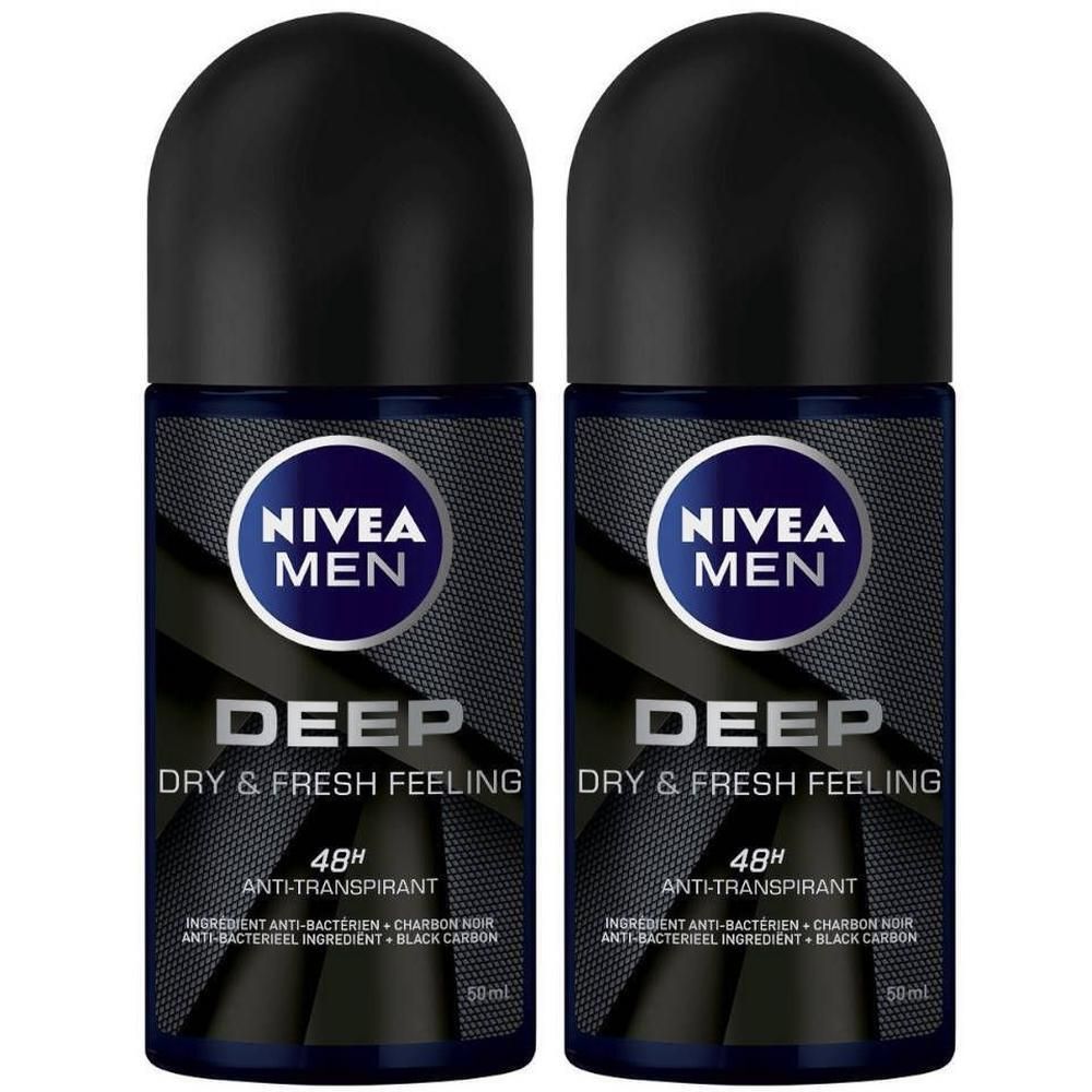 Twee deodorantrollers van Nivea Men. Zwarte dop, donkerblauwe fles met wit logo. Tekst: Deep, Dry & Fresh Feeling, 48H Anti-Transpirant.