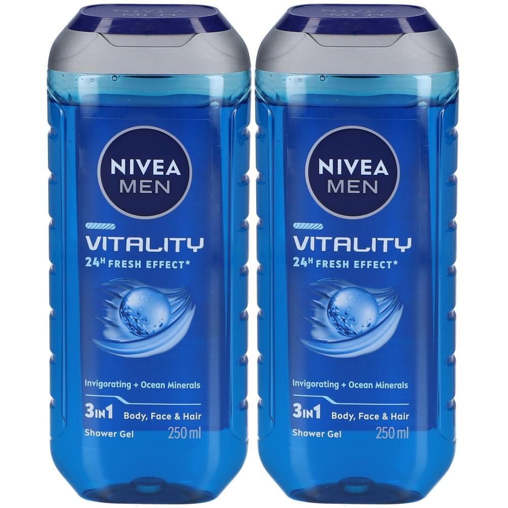 Twee blauwe douchegels. Opschrift: NIVEA MEN, Vitality, 24h Fresh Effect, 3in1 Body, Face & Hair. 250 ml.