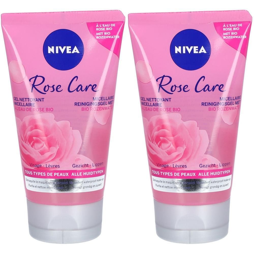 Deux tubes roses Nivea Rose Care. Inscription : Gel Nettoyant Micellaire, Eau de Rose Bio. Motif de rose et logo bleu Nivea.