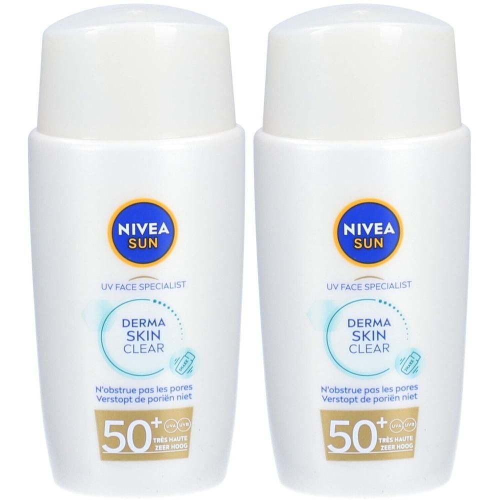 Deux flacons blancs Nivea Sun UV Face Specialist. Logos bleus avec texte. Inscription: Derma Skin Clear, facteur de protection 50+.