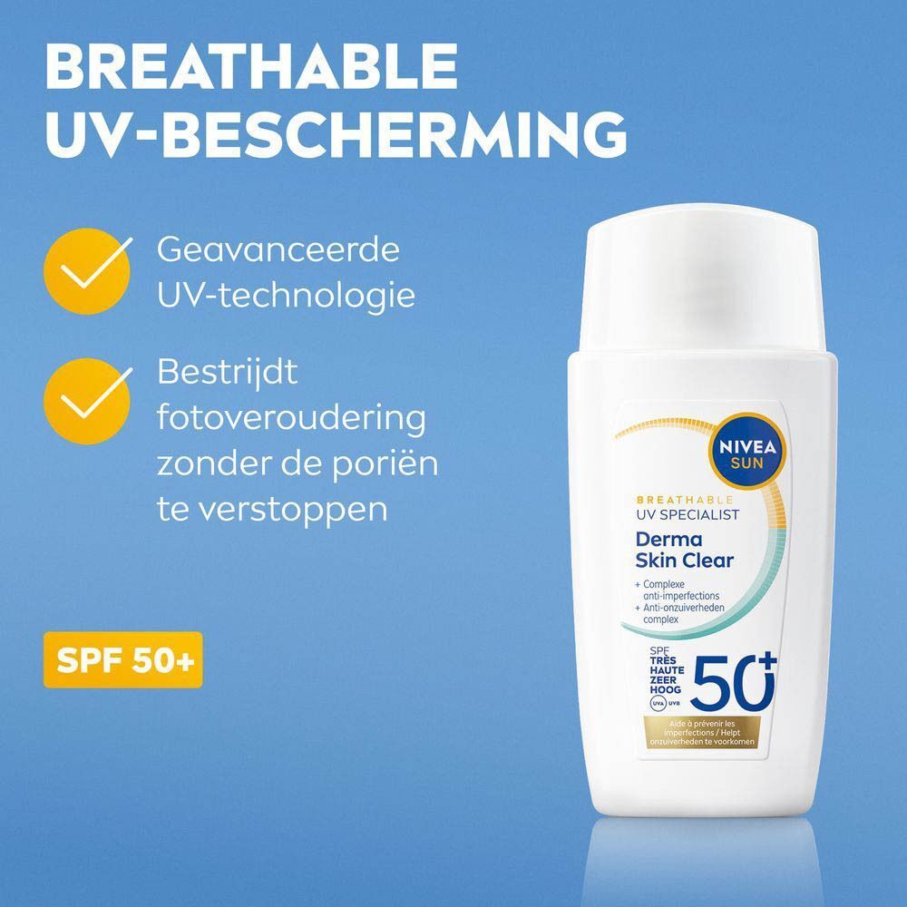Flesje Nivea Sun UV Face Specialist Derma Skin Clear. Tekst: UV-bescherming, bestrijdt huidveroudering, SPF 50+.
