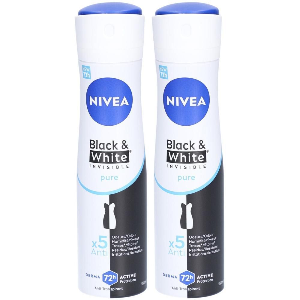 Twee NIVEA Black & White Invisible Pure deodorantsprays. Witte flessen met blauwe dop en logo. Zwarte letters en illustraties.