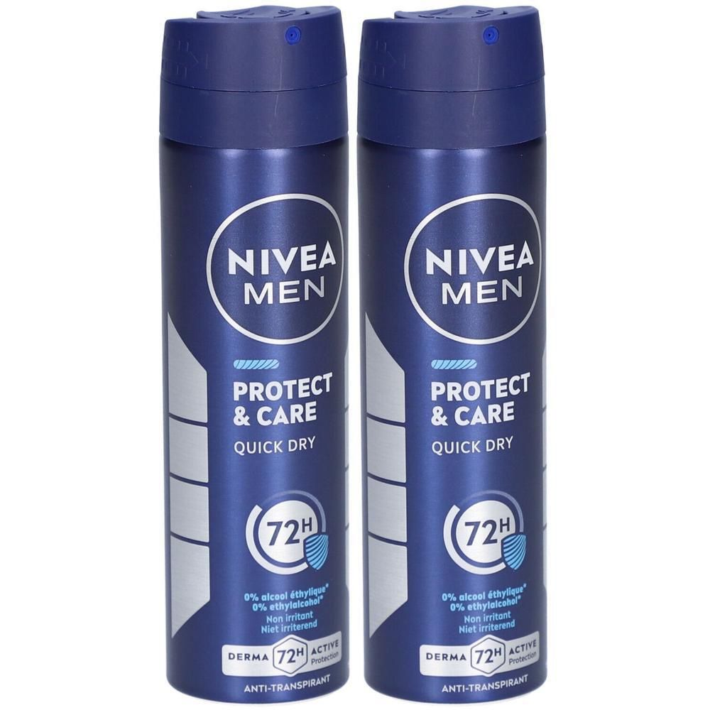 Twee blauwe deodorant sprays. Opschrift: NIVEA MEN, Protect & Care, Quick Dry, 72H. Met anti-transpirant logo.