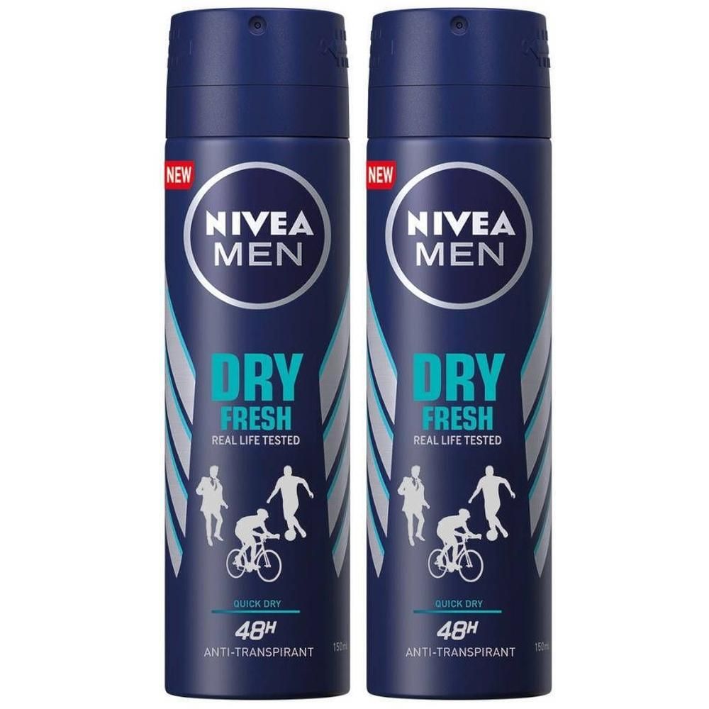 Deux sprays déodorants bleus avec logo NIVEA MEN blanc. Inscription DRY FRESH, 48H Anti-Transpirant. Illustrations d'athlètes.
