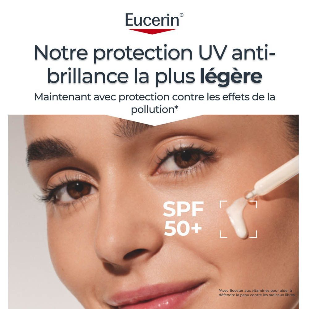Femme appliquant le sérum. Texte : SPF 50+. Eucerin. Texte sur la protection UV et l'anti-brillance.