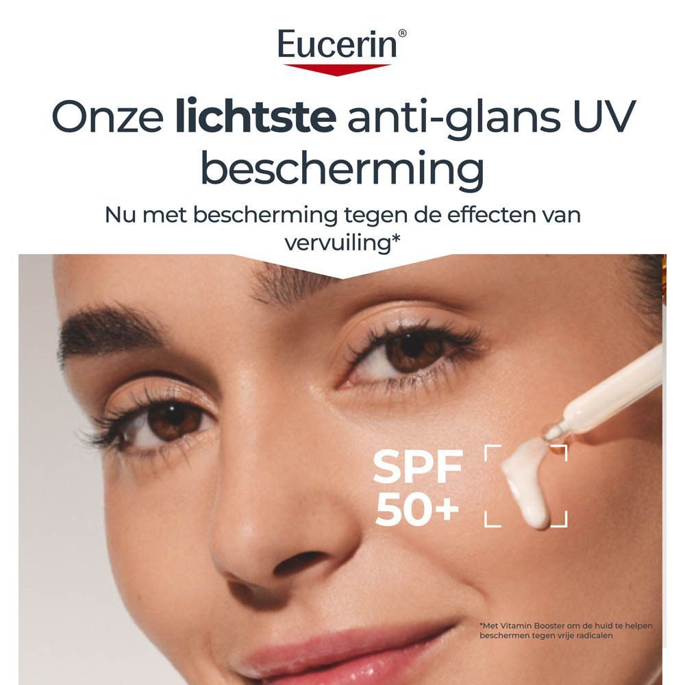 Vrouw brengt serum aan. Tekst: SPF 50+. Eucerin. Tekst over UV-bescherming en anti-glans.