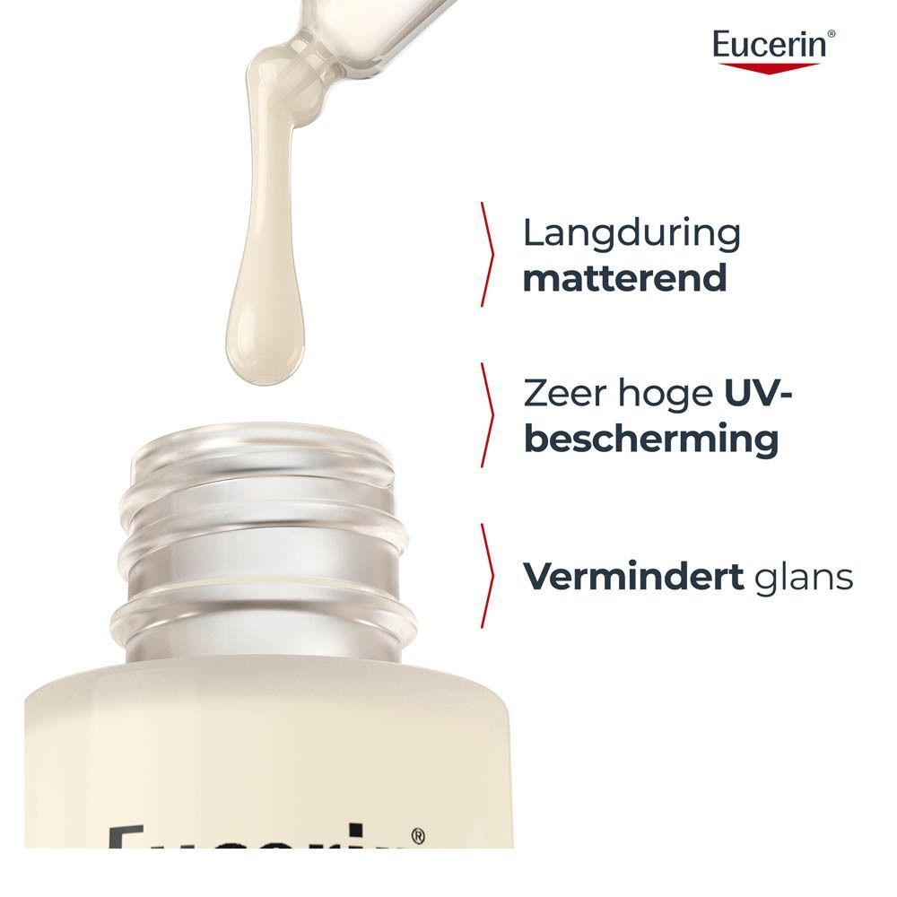 Serum druppelt uit de fles. Tekst: Licht en matterend, zeer hoge UV-bescherming, vermindert glans.
