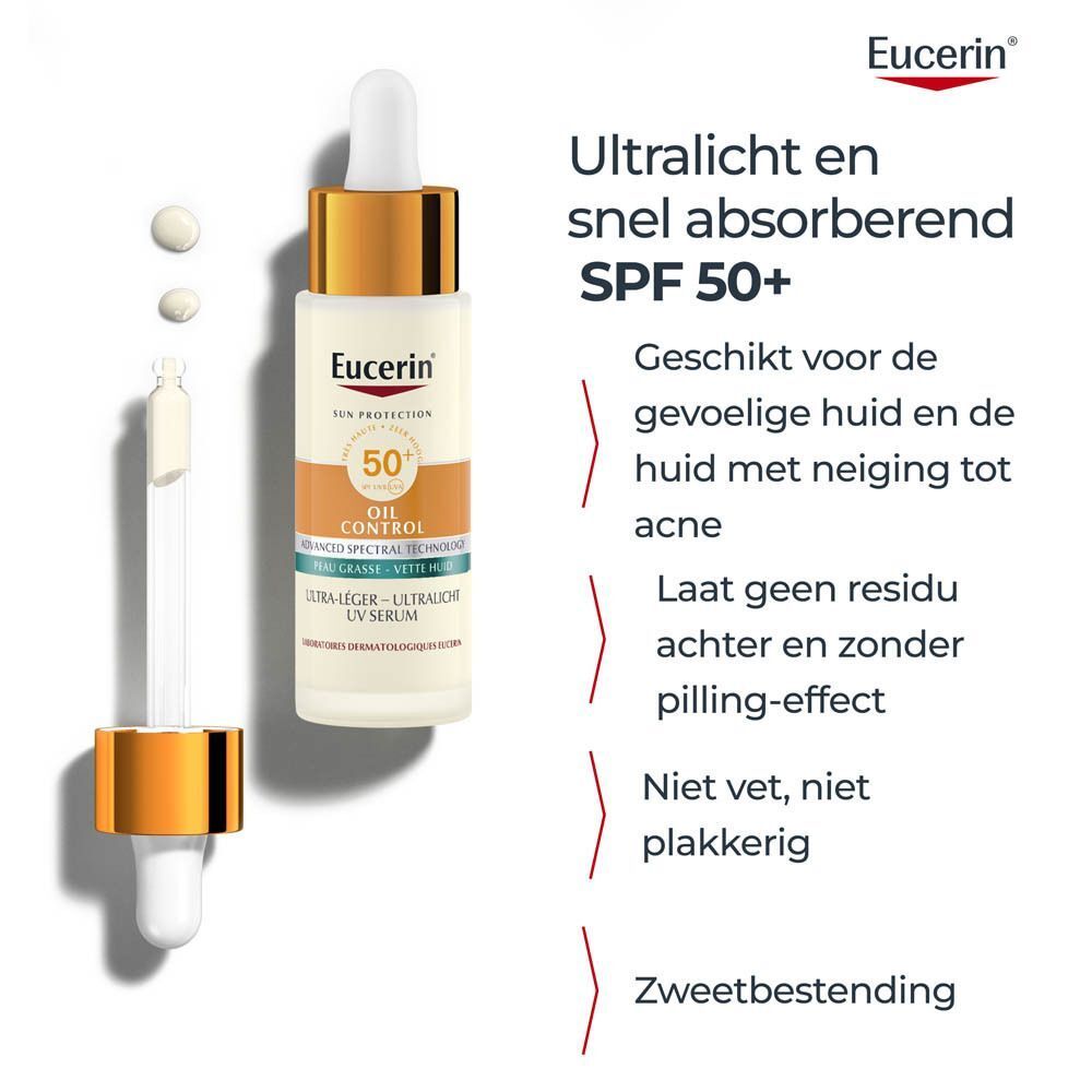 Eucerin Sun Oil Control Serum SPF50+ fles en pipet. Tekst: Ultralicht en snel absorberend SPF 50+.
