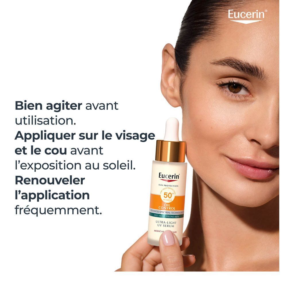 Femme tenant le sérum Eucerin Sun Oil Control SPF50+. Texte : Bien agiter avant utilisation. Appliquer sur le visage.