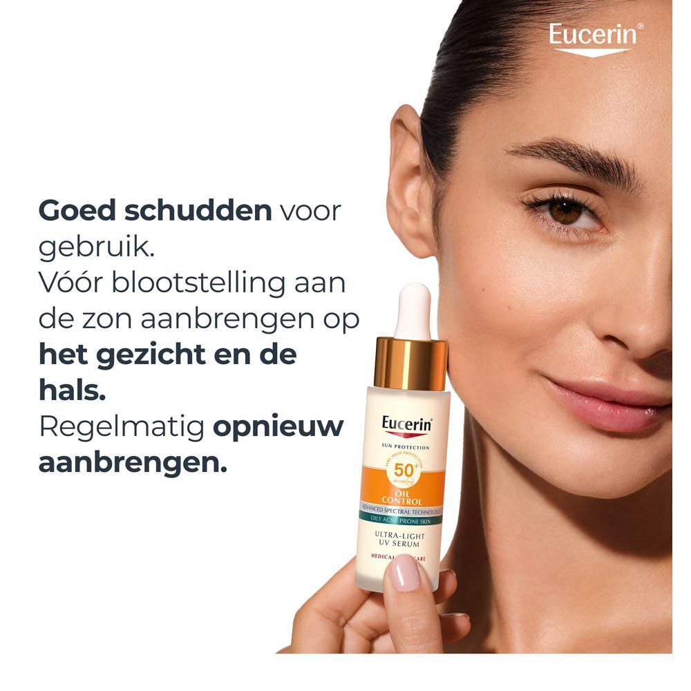 Vrouw houdt Eucerin Sun Oil Control Serum SPF50+ vast. Tekst: Goed schudden voor gebruik. Aanbrengen op gezicht en hals.
