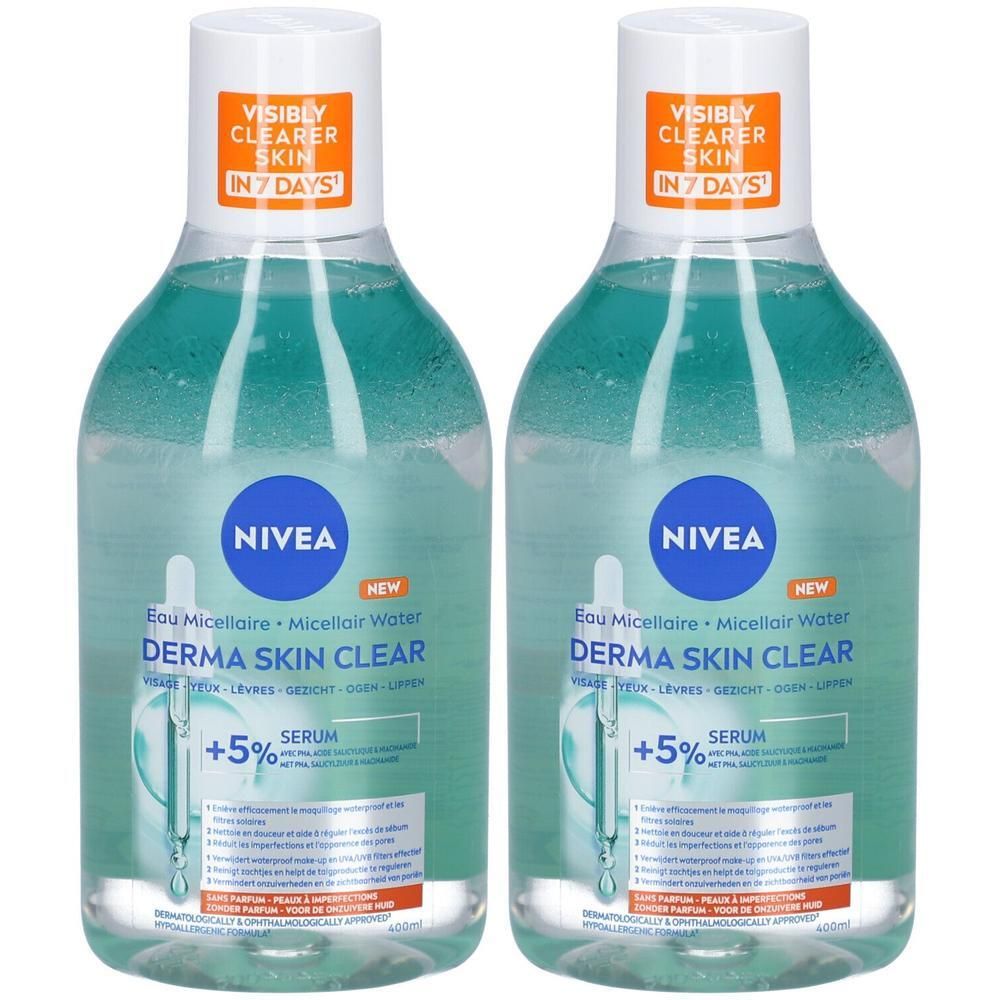 Deux flacons de Nivea Derma Skin Clear Eau Micellaire. Inscription: Visibly Clearer Skin in 7 Days. Contient +5% de sérum.
