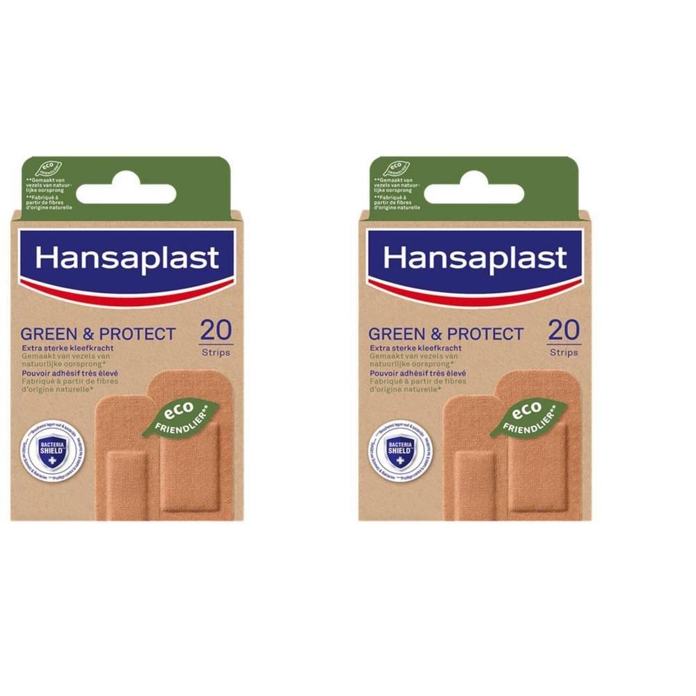 Twee verpakkingen Hansaplast Green & Protect pleisters. Op elke verpakking staat "20 Strips". Het logo "eco friendlier" is zichtbaar.