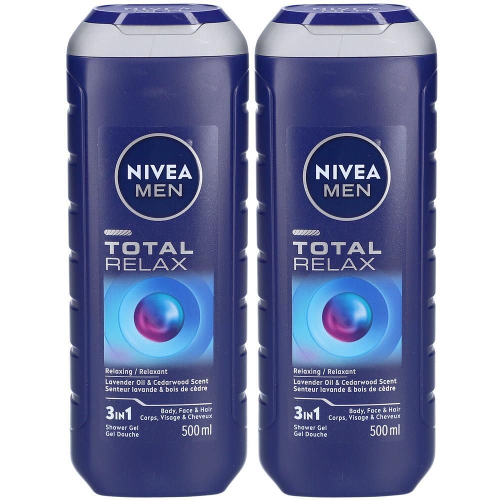 Deux flacons bleus de Nivea Men Total Relax Gel Douche. Inscription: Total Relax, 3en1, 500 ml. Parfum lavande et bois de cèdre.