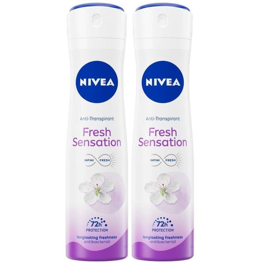 Deux flacons spray blancs avec bouchon bleu. Inscription NIVEA, Fresh Sensation, Anti-Transpirant. Protection 72h, antibactérien.