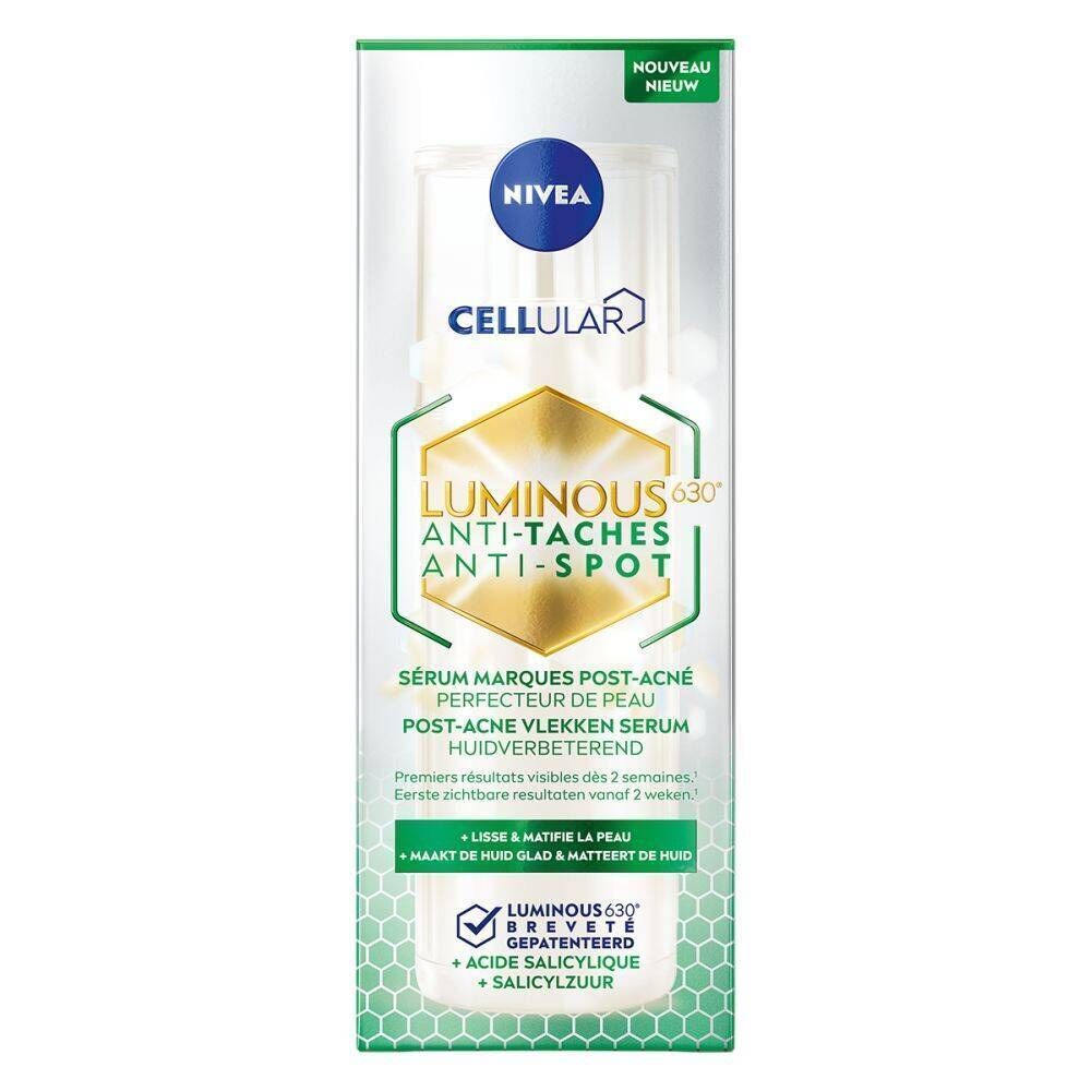 Emballage Nivea Cellular Luminous 630° Anti-Taches Anti-Spot Serum. Flacon dans une boîte. Éléments bleus, verts et dorés.