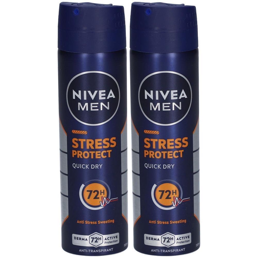 Deux déodorants bleus. Inscription : NIVEA MEN, STRESS PROTECT, QUICK DRY, 72H. Formule anti-stress et protection active Derma.