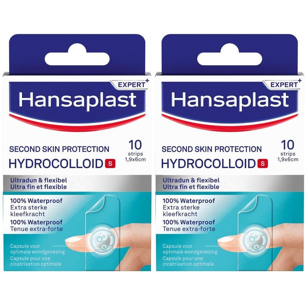 Twee verpakkingen Hansaplast Hydrocolloïd S pleisters. 10 strips, 1,9x6cm. Waterdicht en flexibel.