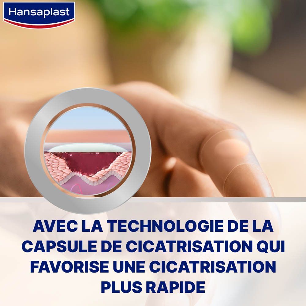 Gros plan d'une plaie sous un pansement Hansaplast. Avec capsule de cicatrisation pour une guérison plus rapide.