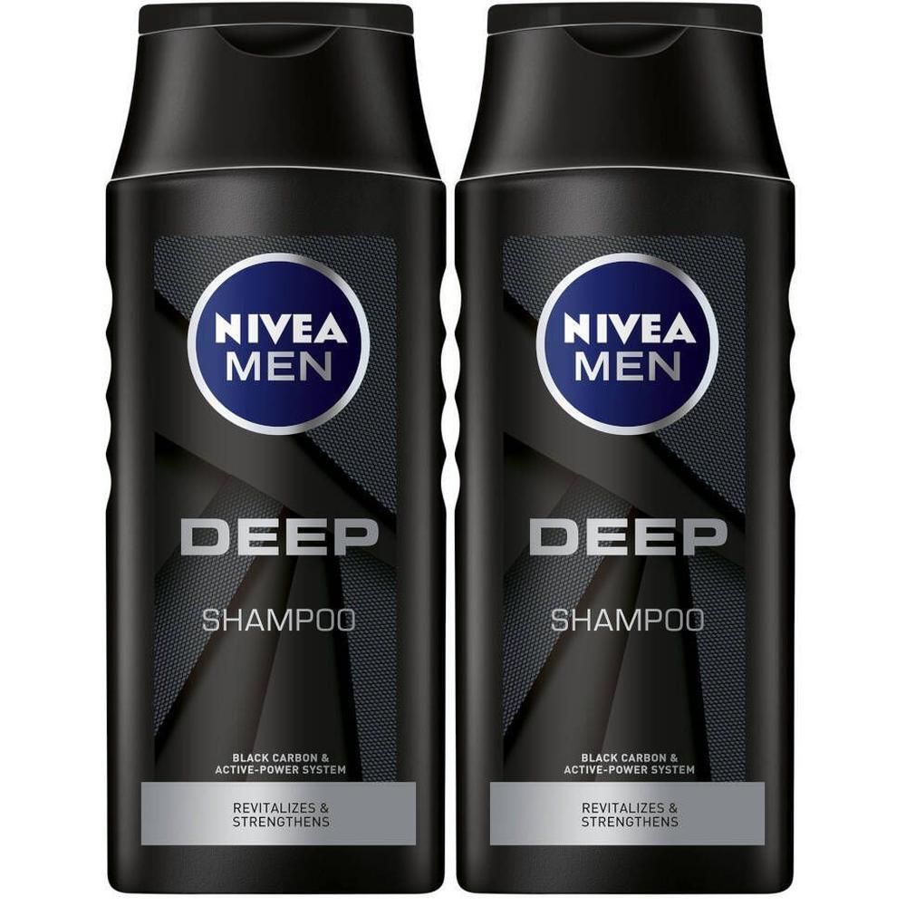 Deux flacons de shampooing noirs. Sur chaque flacon, NIVEA MEN, DEEP SHAMPOO. Texte: Black Carbon & Active-Power System. Revitalise & renforce.