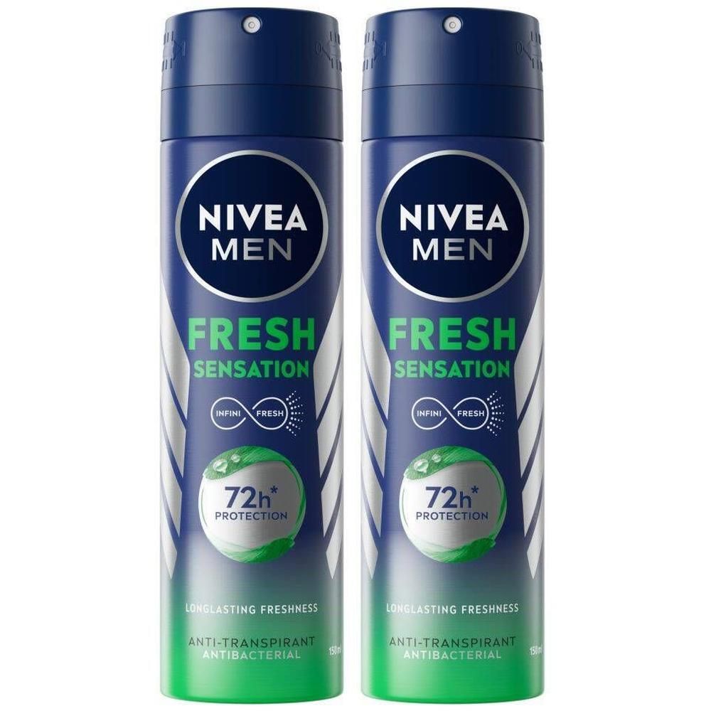 Twee blauwe sprays. Opschrift: NIVEA MEN, FRESH SENSATION, 72h PROTECTION, anti-transpirant, antibacterieel.