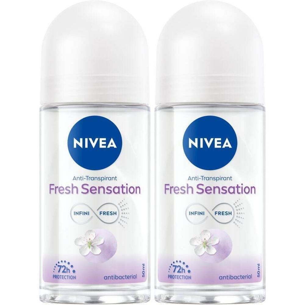 Deux déodorants roll-on. Bouchon blanc, flacon transparent. Cercles bleus avec logo Nivea. Texte: Fresh Sensation, 72h Protection, antibactérien.